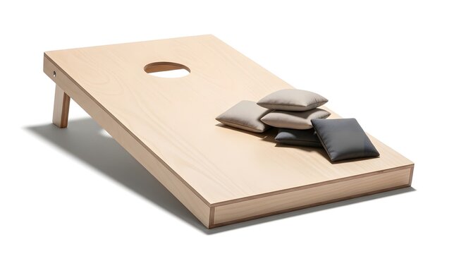 Cornhole board angled view with stacked bean bags isolated clean product shot