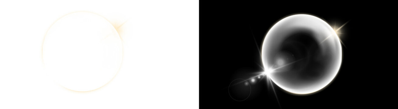 PNG image of Solar eclipse total phase with diamond ring effect, glowing celestial corona and lens flare, astronomical event illustration for science projects isolated on Transparent Background