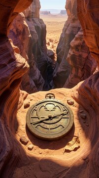 Antique astrolabe in a desert canyon