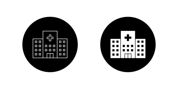 Hospital building icon in black circle. Medical healthcare symbol. Public health services and patient care sign