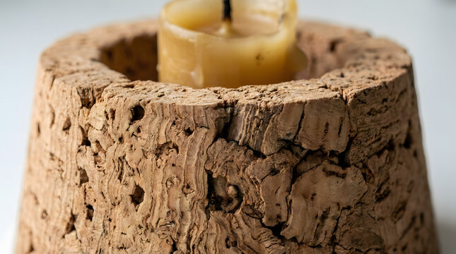 Close-up of a Rustic Cork Candle Holder with a Lit Candle