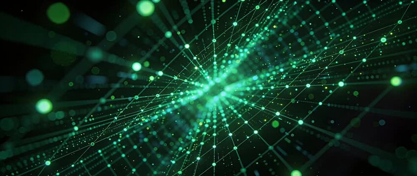 Abstract green digital network glowing data grid futuristic technology background neon particle line matrix light pattern cyber space virtual reality internet connection quantum wave science dynamic
