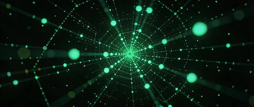 Glowing green digital particle web network abstract background technology data sphere grid futuristic pattern neon light tunnel cyber space virtual network sci fi dynamic motion energy vision