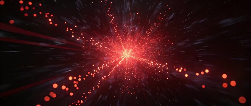 Red particle glowing light energy burst abstract background space motion trail speed effect sparkle blur night sky dark futuristic bokeh dot dynamic explosion sci fi cosmic smooth flare