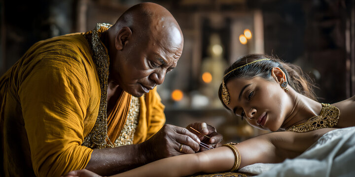 Serene guardian bestows caring blessing on woman. Tranquil scene where guardian offers sacred blessing through gentle anointment to woman