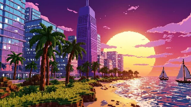 Pixel art city beach sunset ideal for travel vlogs and eco-friendly campaigns