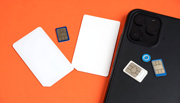 Mobile Phone SIM Cards and Micro SD Cards on Orange Background.