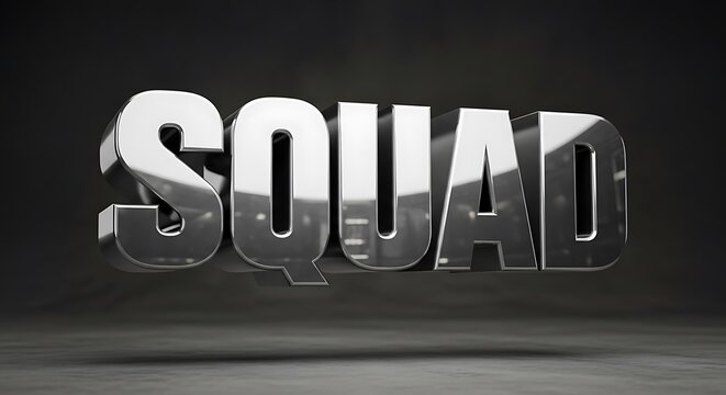 Squad - Bold Chrome Letters on Dark Background for Teamwork and Unity.