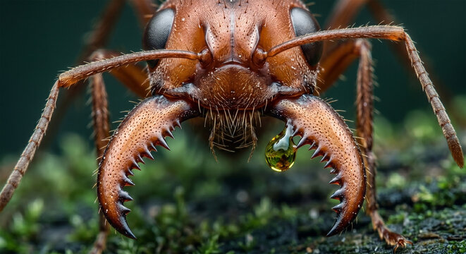 An extreme macro portrait focusing on the head and serrated mandibles of a soldier ant. The shot highlights the mechanical strength and copper-colored chitin of the jaws. 