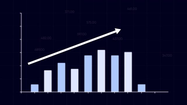 Professional financial market growth, static front view, blue bar chart with white arrow