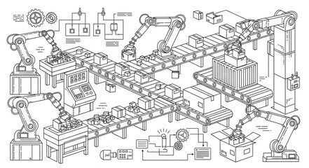 Fototapeta premium Automated Factory Production Line with Robotic Arms and Conveyor Systems.