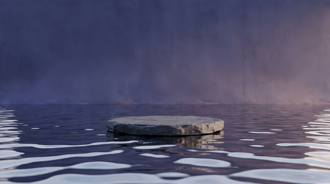 3D minimal stone podium on dark rippling water against purple concrete wall, empty stage for cosmetic product display mockup.