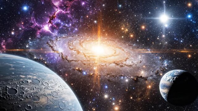 Cosmic scene with planets and galaxy highlighting geometric patterns and contemporary art