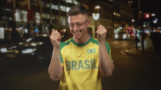 Man wearing brasil shirt with flag patch rubbing fingers and smiling on a busy city street at night; pride support.