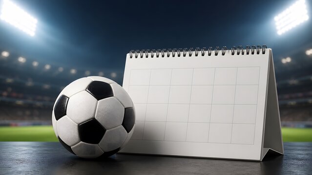 Football match schedule concept with soccer ball and blank calendar