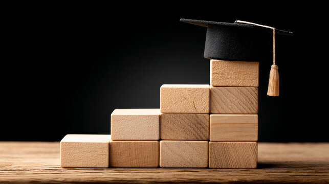 Graduation cap on wooden blocks forming a staircase symbolizing academic journey and career path