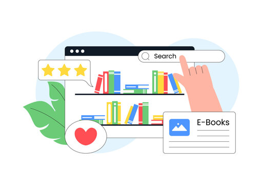 Digital Library Vector Illustration Featuring E-Book Collection And Online Education With Mobile Reading Application And Bookshelf Interface Design