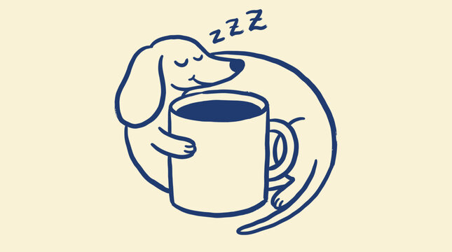Exhausted dog sleeping while hugging a large coffee mug, relatable morning fatigue illustration for caffeine lover merchandise, office humor and sleepy lifestyle apparel