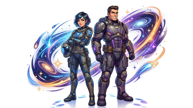A sci-fi fan celebration illustration shows two confident space franchise characters in futuristic armor standing against a cosmic background with vibrant colors, conveying a sense