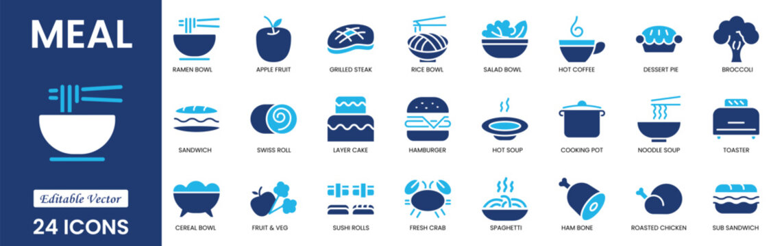 Meal icon set. Containing food, lunch, eat, dinner, pasta,  dish, rice, pizza, salad, soup, breakfast and more. Solid Vector icons set collection.