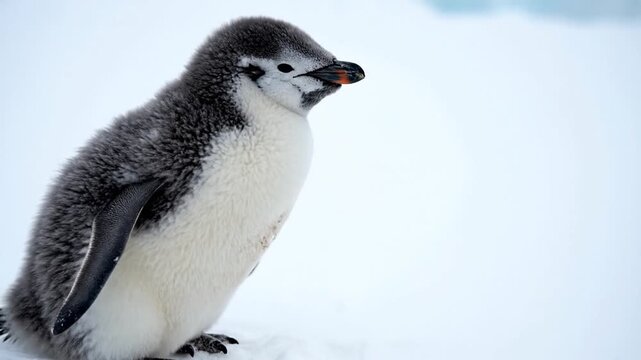 Adorable baby penguin looking sideways with fluffy feathers in a snowy environment