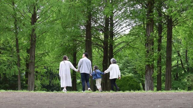 三世代家族の新緑の公園で手を繋ぐ歩く幸せなファミリーライフ動画スローモーション　全身顔無しの後ろ姿	