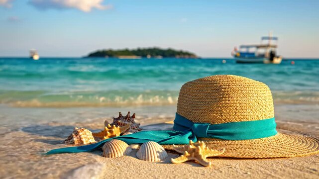Beach hat shells and starfish on sand symbolizing exploration and the great outdoors