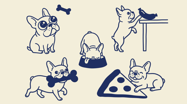French bulldog in multiple food obsessed scenarios including eating, stealing and lounging with treats, humorous pet behavior illustration for dog lover merchandise and apparel