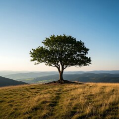 Obraz premium Solitary Tree on Hilltop - A Beacon of Resilience and Natural Beauty.