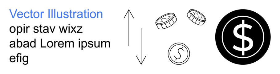 Obraz premium Economics, finance, currency exchange, investment, monetary policy trade. Coins and dollar symbol with arrows. Economics and finance concept. Line metaphor. Simple line icons