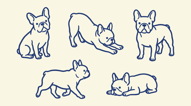 French bulldog shown in everyday natural poses including sitting, stretching, walking and lying down, versatile breed character sheet for pet merchandise and design assets