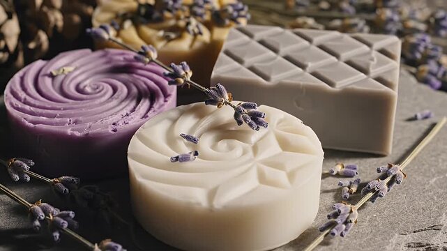 Artisan soap bars with lavender and decorative elements