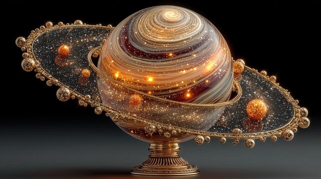 Model of a planet with rings and stars displayed on a stand