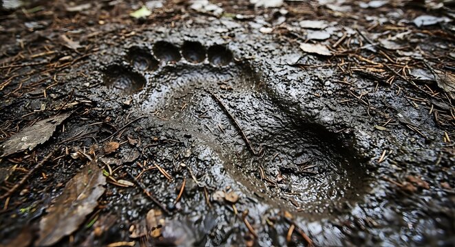 Bigfoot footprint closeup in wet mud forest ground mysterious sasquatch track evidence