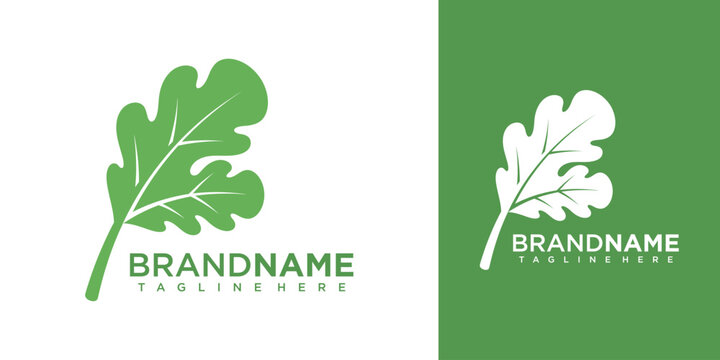 Green leaf logo designs with brand name taglines on white and green backgrounds