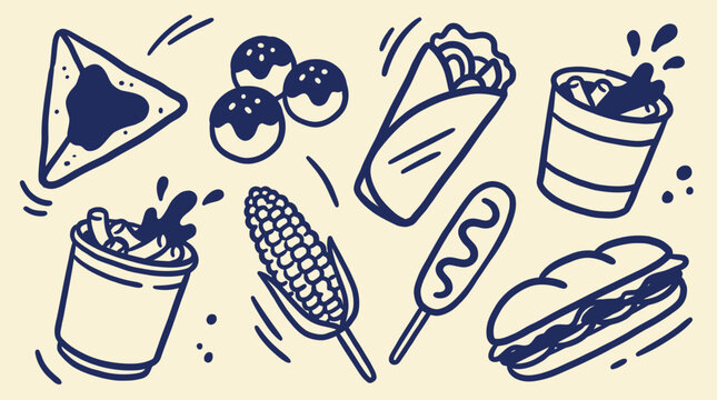 Hand drawn global street food snack icon set including burrito, corn dog and sandwich, casual food illustration for market branding, food truck menu and snack packaging content