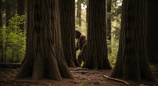 Bigfoot lurking between trees forest cryptid creature mysterious sasquatch wildlife hidden scene