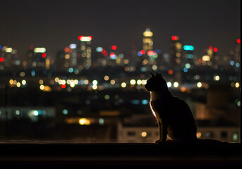 Obraz premium Cat silhouette city night view