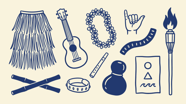 Hand drawn Hawaiian cultural activity icon set including hula skirt, ukulele, lei and tiki torch, traditional island lifestyle illustration for luau event and tropical merchandise