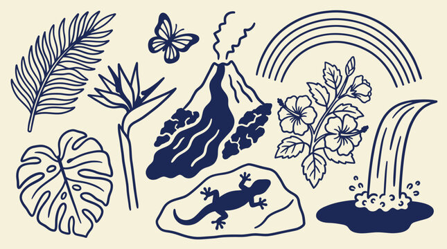 Hand drawn Hawaiian tropical nature icon set including volcano, monstera, gecko and waterfall, island wildlife illustration for travel branding, nature merchandise and tropical content