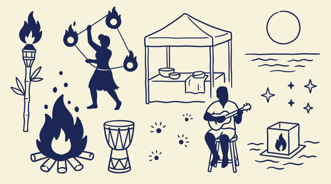 Hawaiian luau night scene with fire dancer, bonfire, ukulele player and market stall, cultural celebration illustration for tropical event branding and island festival content