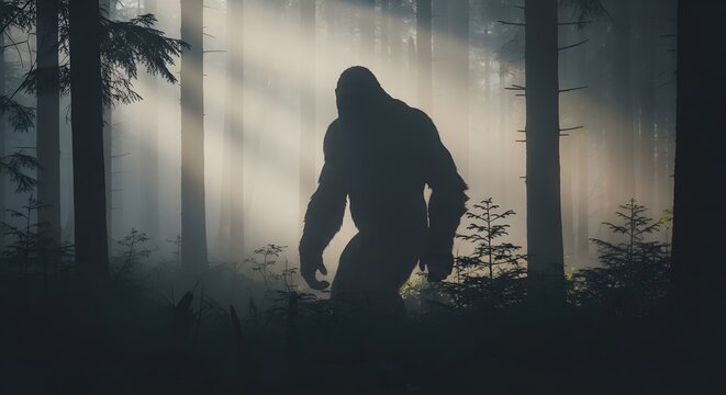 Bigfoot silhouette walking in misty forest mysterious creature cinematic backlight scene