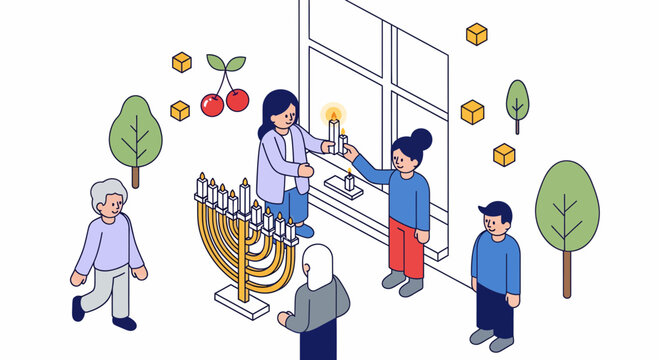 Jewish family lighting menorah candles for Hanukkah holiday festival of lights celebration children grandparents together