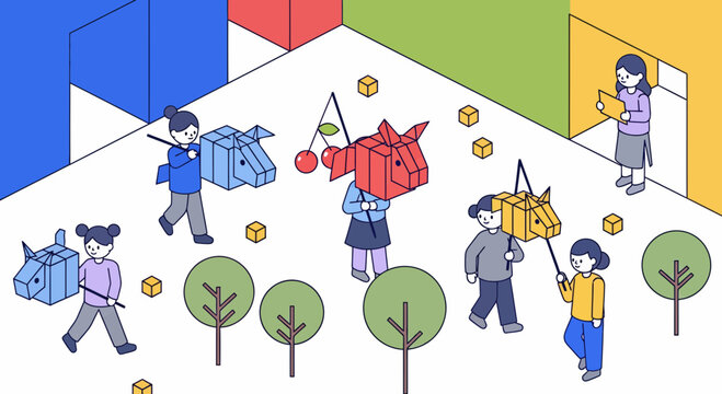 Children and people parading with animal lanterns during traditional cultural festival in isometric city park town scenery
