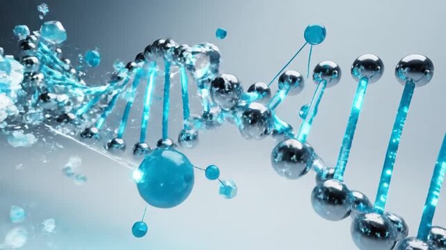Abstract 3D Rendering of a Glowing Blue DNA Helix with Shattering Particles