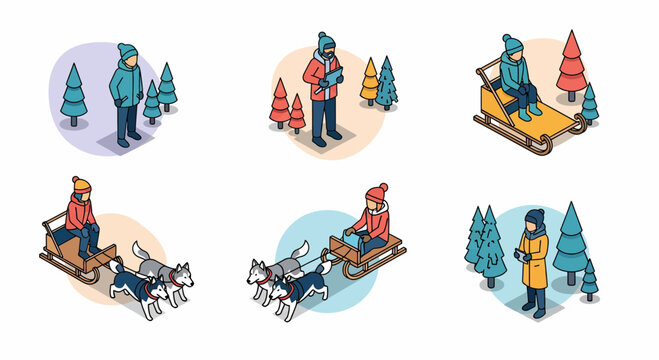 A set of cute husky dog sled adventure icon set with snow trees cold ice