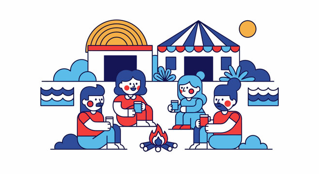 Four pals sit by fire near tent with cup of tea in night for fun trip