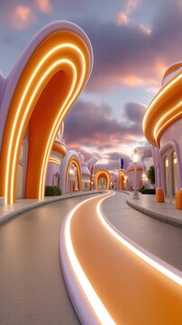 Bright paths lead through colorful buildings at sunset