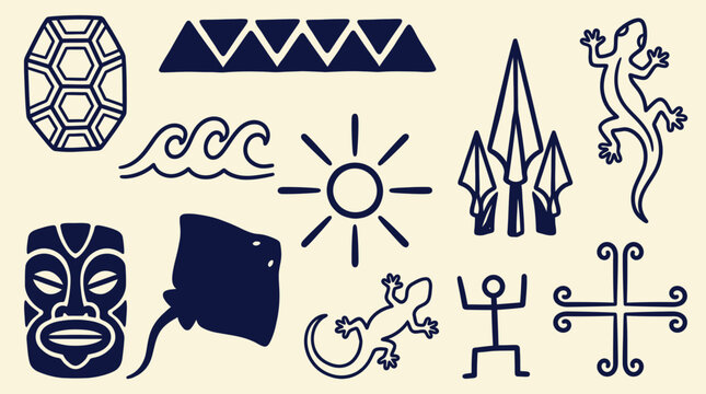 Hand drawn Polynesian tribal symbol icon set including tiki mask, turtle shell, manta ray and gecko, indigenous cultural illustration for tattoo design, heritage branding and ethnic merchandise
