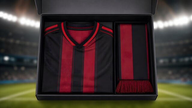 Football fan merchandise gift box with jersey and scarf in stadium